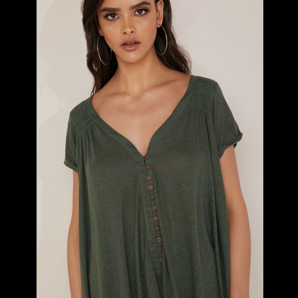 Free People Highland High Low Oversized Slouchy Tee Button Front Green Size S - Picture 2 of 8